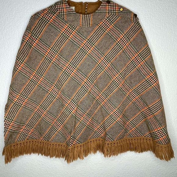 Kingsley poncho cape vintage Houndstooth Plaid Fringe zip - Picture 1 of 8